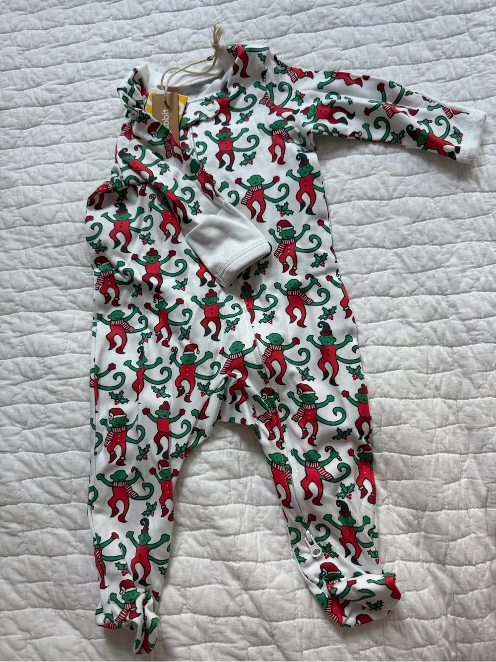 Roller Rabbit White Footie with Red & Green Monkey Print